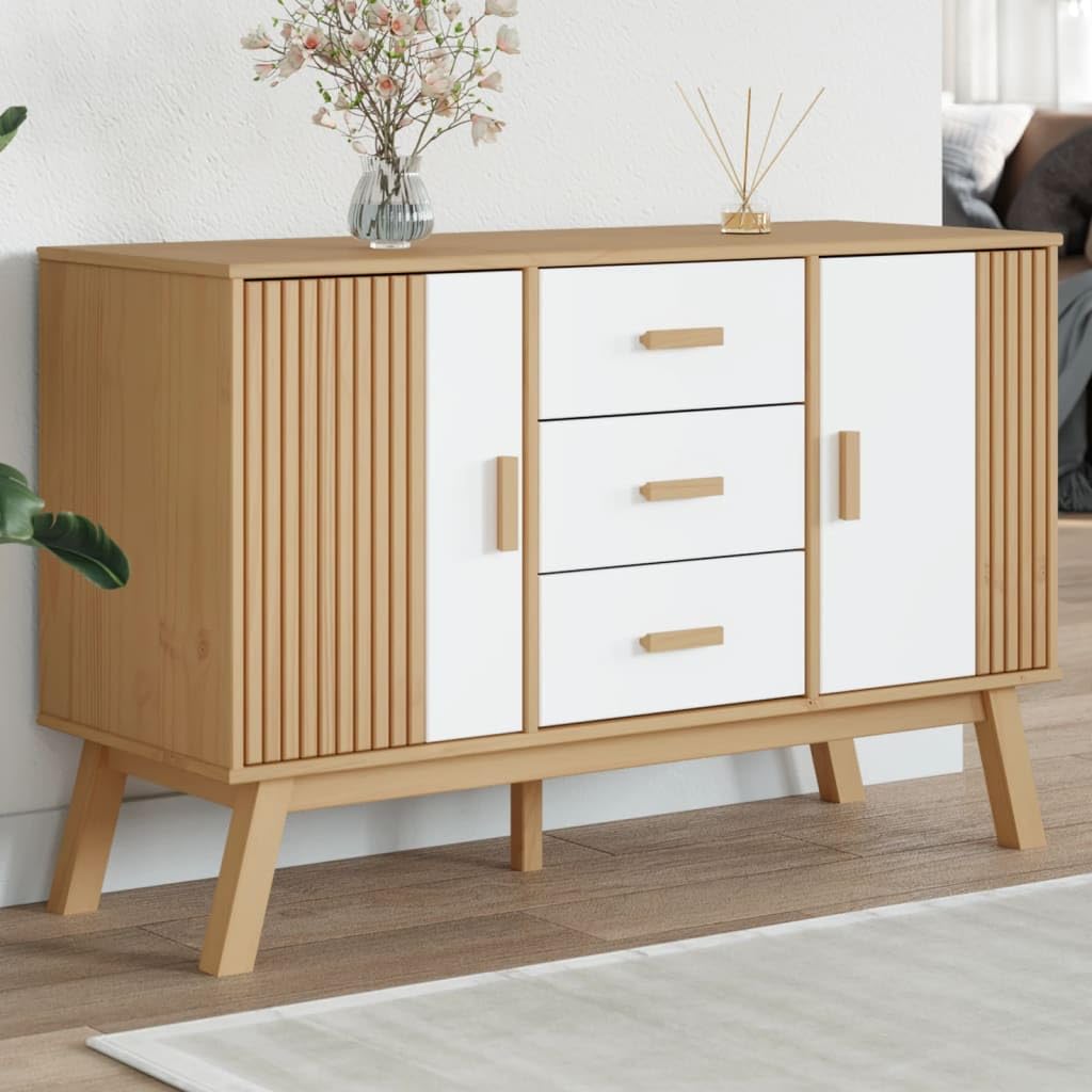 Credenza in legno di pino massiccio, colore bianco e marrone, 114