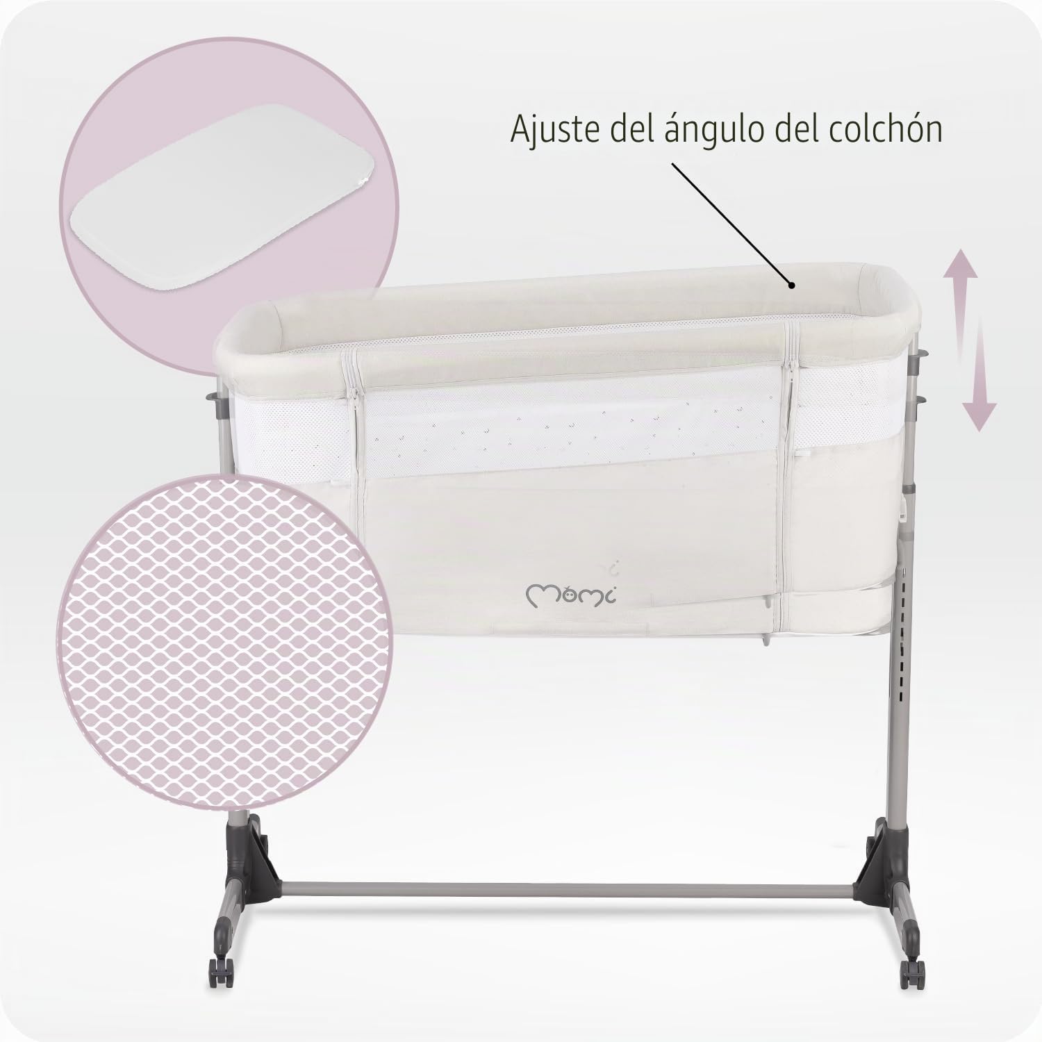 Momi REVO Cuna Multifuncional Ajustable en 6 Posiciones de Altura de 72 a 82 cm, con Ruedas, colchón Incluido, Correas de fijación, mosquitera y Barra de Juguetes