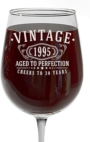Copa de vino grabada vintage de 16 onzas con tallo de 16 onzas, regalos de feliz cumpleaños para mujeres y hombres, saludos a los 30 años,