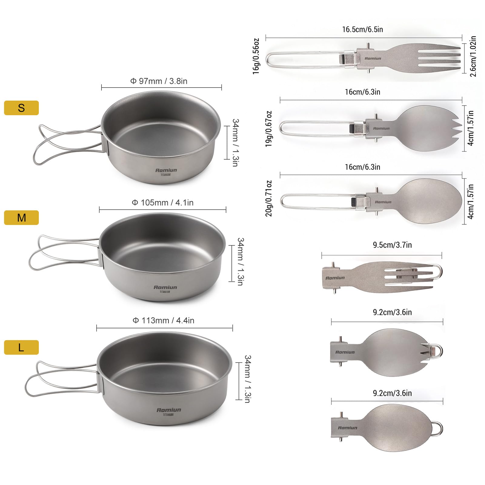 Set di Utensili e Ciotola da Campeggio, 3 Ciotole, Cucchiaio e forchetta, Combo Ciotola in Titanio con Manico Pieghevole, stoviglie da Escursionismo ultraleggere in Titanio, Set da 6 Pezzi