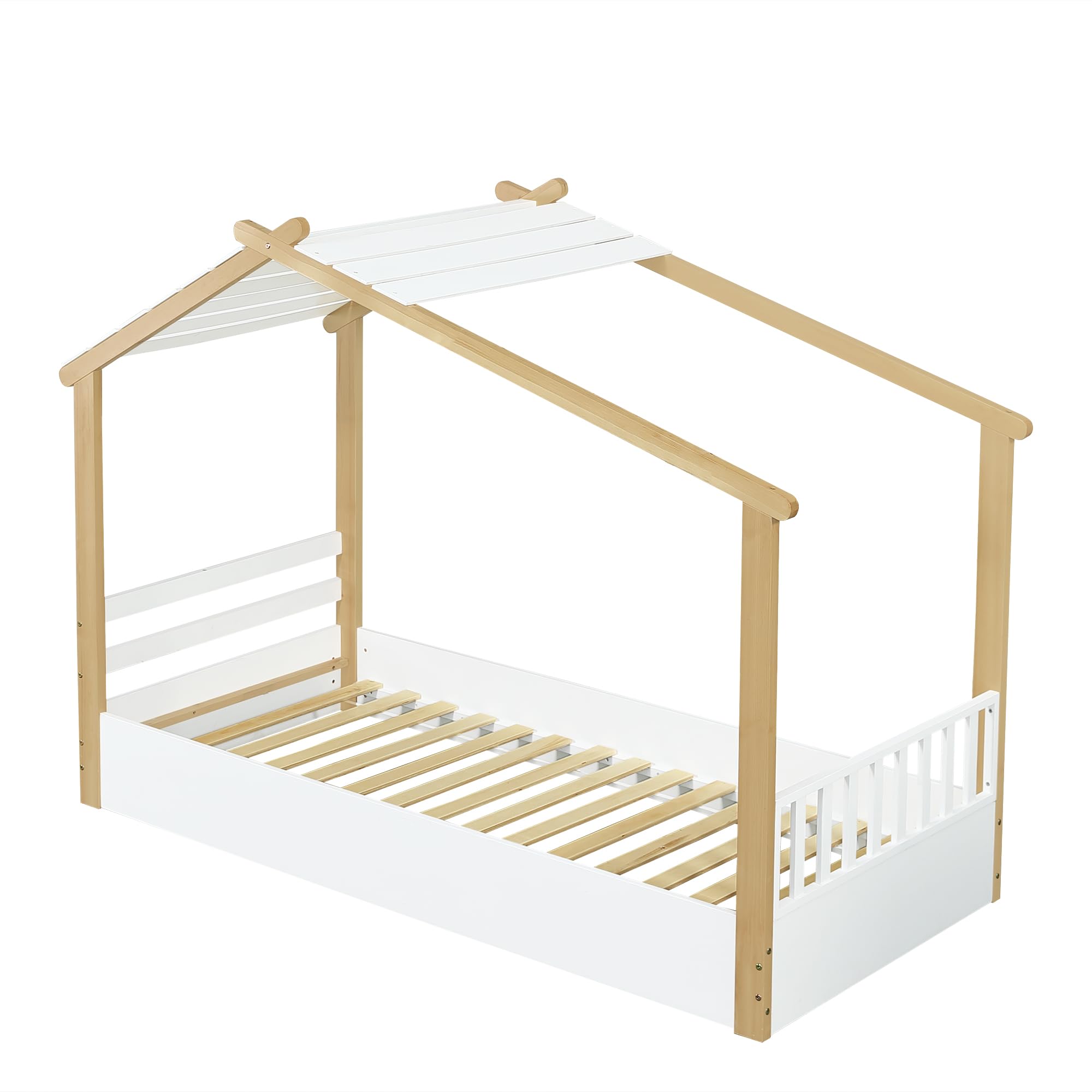 Holzhausdesign Hausbett Kinderbett 90x200 cm mit Dachlatten, Einzelbett Bodenbett mit Brüstung, Jugendbett Holzbett Bettgestell mit Lattenrost, Schlichtes Design, Weiß+Natur, Ohne Matratze