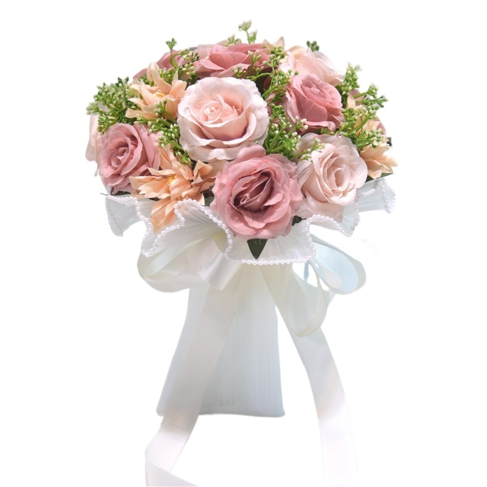 WENYOG Wedding Bouquet Bridal Flower Bouquet Artificial Silk Rose Peony Flower Wedding Bouquet Dahlia Orchid Bouquets(Bean-Paste)