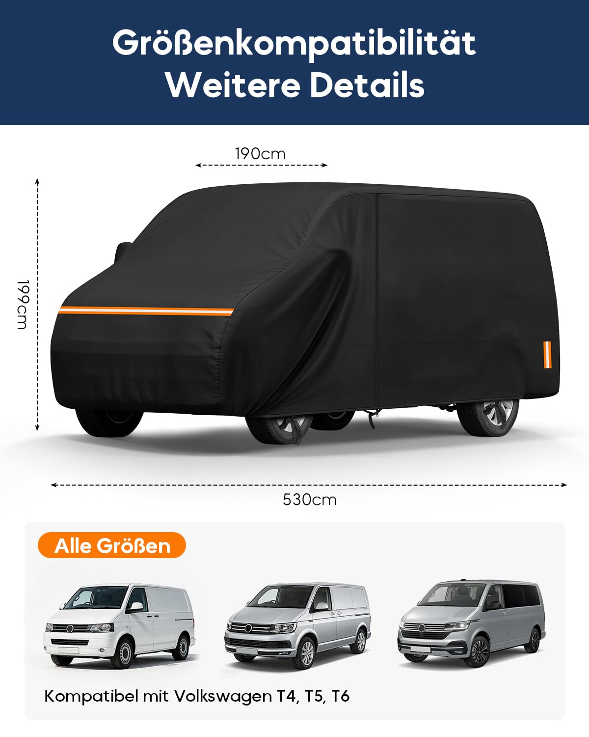 Copertura Camper per VW T4 T5 T6 Telo Copri Camper 420D Oxford Impermeabile Traspirante con Cerniere Sigillate 530 × 190 × 199 cm