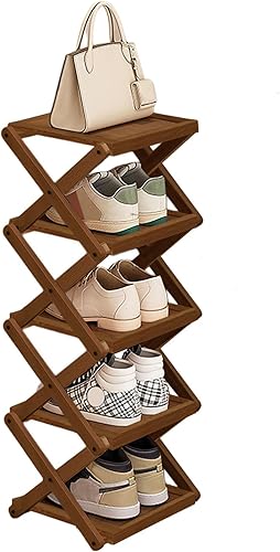 Miniatura 11 de YYW Zapatero plano de bambú para entrada, sin instalación y plegable, pequeño zapatero vertical, ahorra espacio, zapatero estrecho para armario de