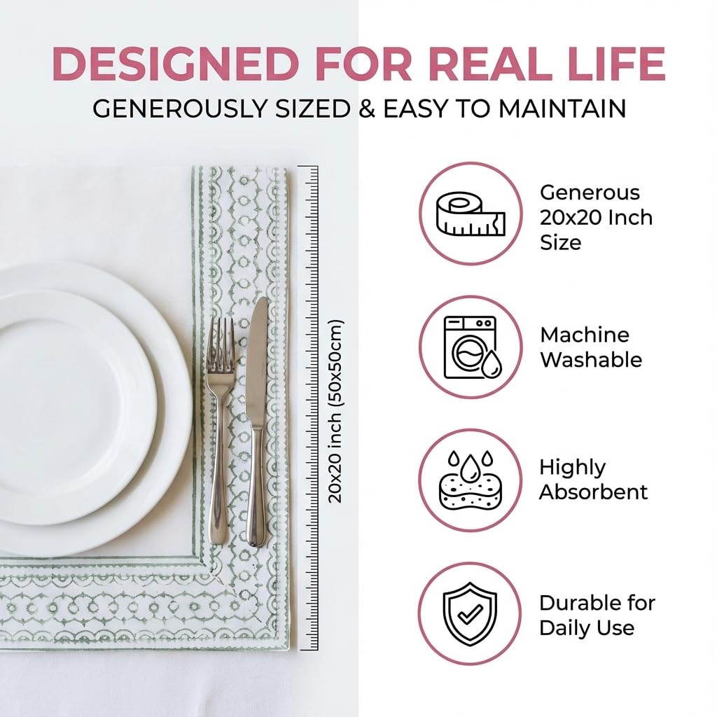 NIRVELLA Block Print Cloth Napkins Set of 6 - Washable Reusable Dinner Napkin, Spring Summer Floral Farmhouse Table Collection - 100% Cotton Linen Hand Crafted Napkin - Pink & White - 20x20 Inch 3