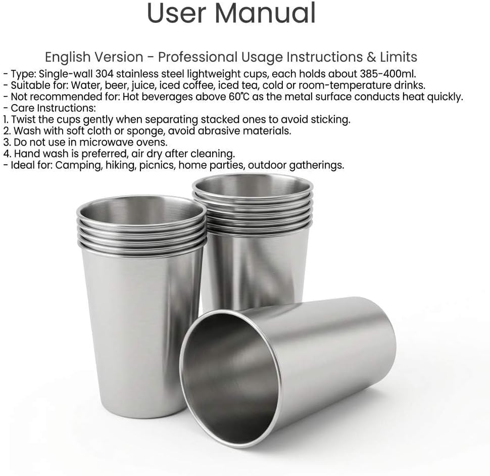 QWORK 16 Ounce Stainless Steel Pint Cups - 10 Pack 450ml 304 Steel Cup - for Coffee, Tea, Cold Drinks, Home and Outdoor Use - Image 2