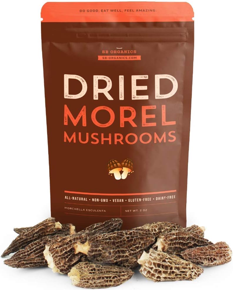 Sun Bay Foods Dried Morel Mushrooms - 2 oz Bag of All-Natural Non-GMO Vegan Gourmet Whole Dehydrated Morchella Mushroom - Free of Gluten, Dairy, and Soy