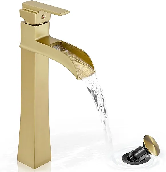 HOIGY Brass Vessel Sink Faucets, Brushed Gold Tall Bathroom Faucet Single Handle, 1 Hole Bathroom Sink Faucet Waterfall Farmhouse Single Faucet Bathroom Sink with Pop-Up Drain & Pre-Installed Hoses