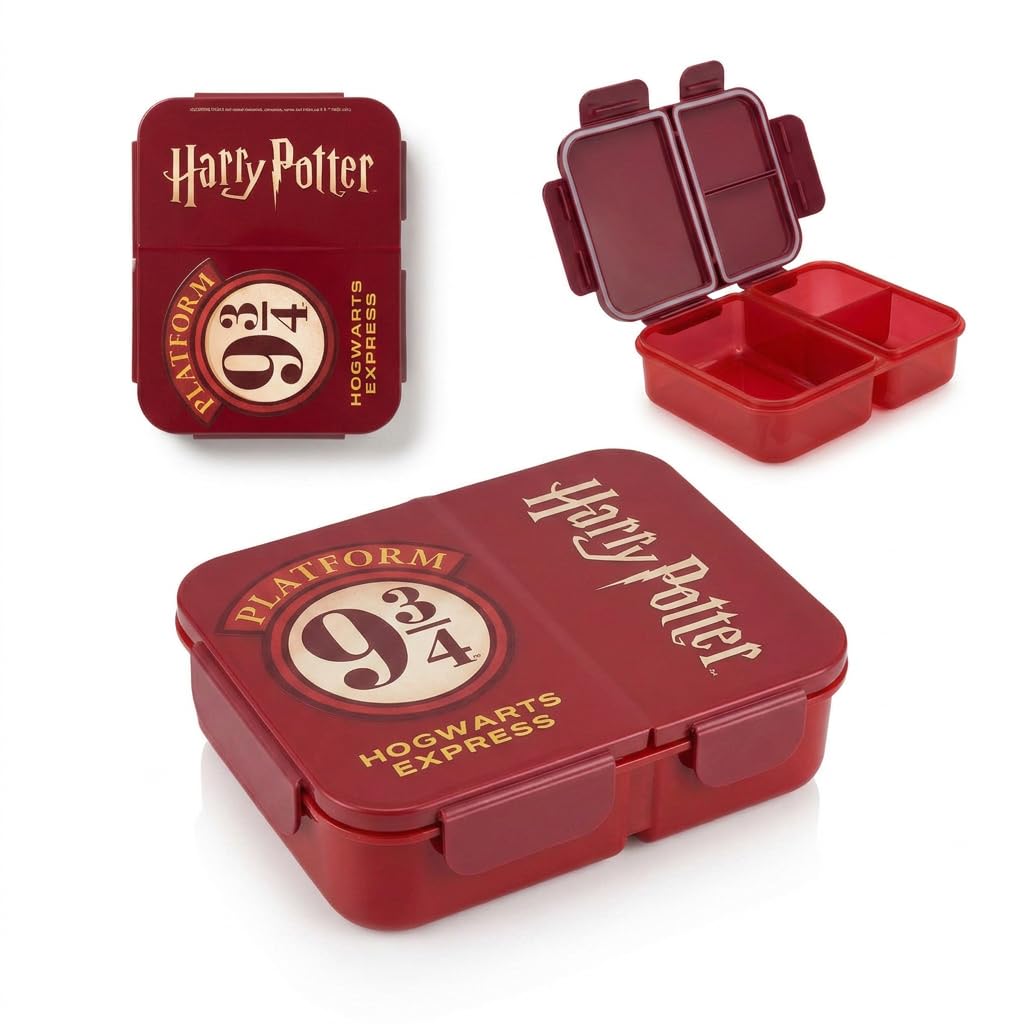HOX Harry Potter Platform 9¾ Kids Lunch Box, 3 Section Bento Box with Airtight Seal, BPA-Free Plastic and Dishwasher Safe for School, Picnics and Meal Prep
