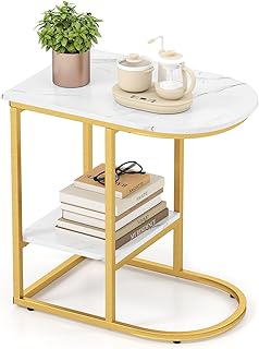 GIANTEX Beistelltisch Marmor Gold, Couchtisch Sofatisch C Form, Wohnzimmertisch 2 Ebenen, Kaffeetisch modern Design, Nachttisch Goldener Metallrahmen, für Wohnzimmer Schlafzimmer 60 x 40 x 60 cm