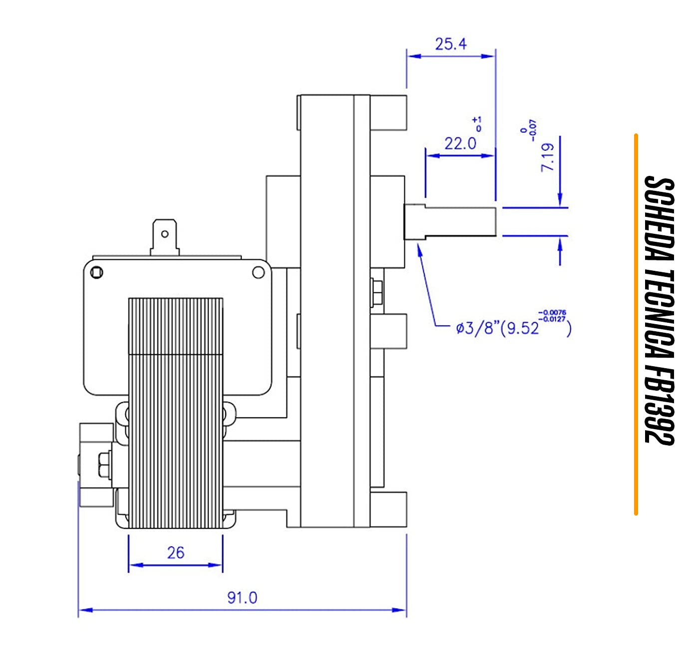eRicambi, Motoriduttore FB1392 per Stufe a Pellet serie T3, Velocità 1,26rpm, Pacco Lamellare 25mm, Ø Albero 9,5mm, Senso di Rotazione Oraria, Spianatura Doppia