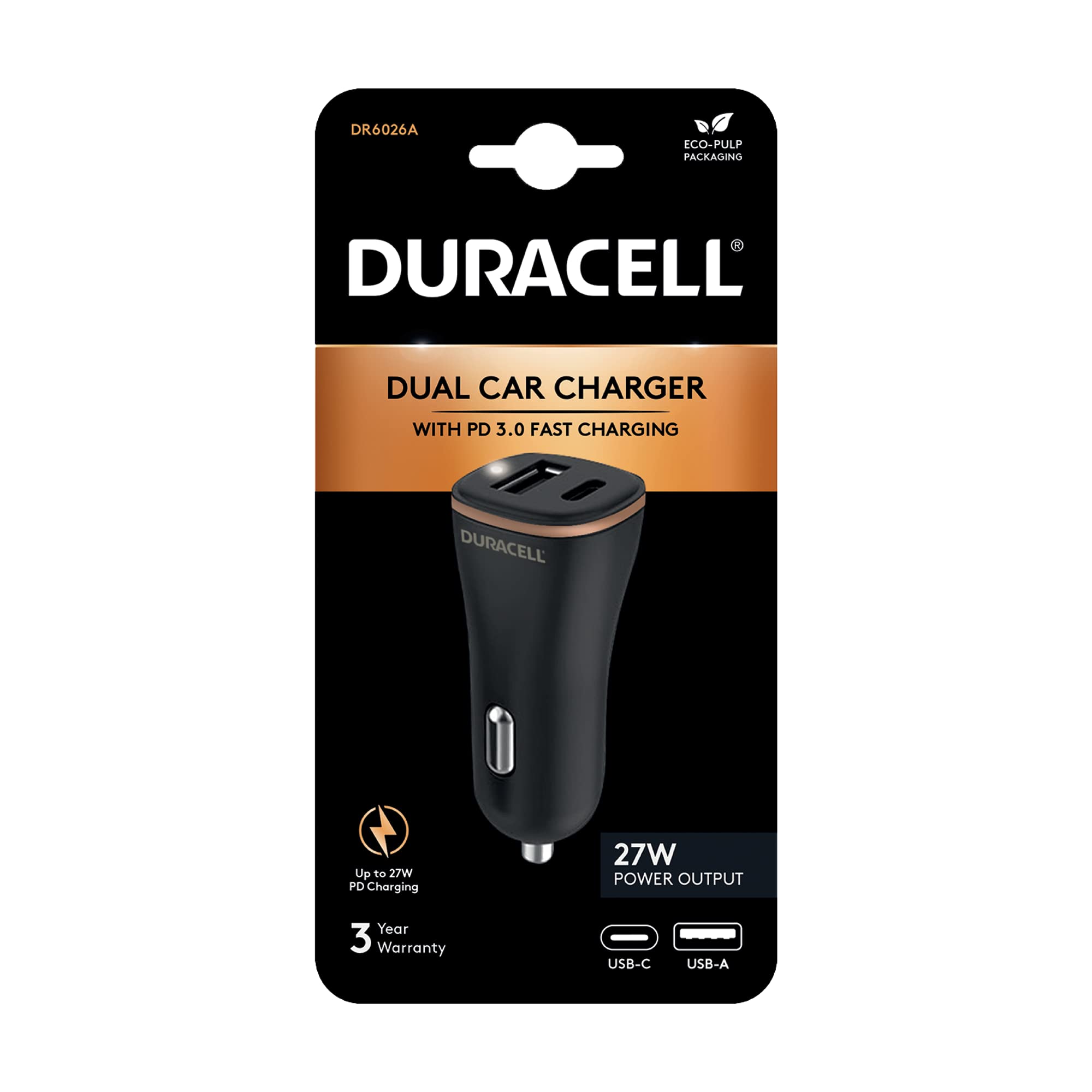 Duracell Czarny 27 W podwójny USB-C + kompaktowy adapter ładowarki samochodowej USB-A - kompatybilny ze smartfonami, tabletami, powerbankami i innymi