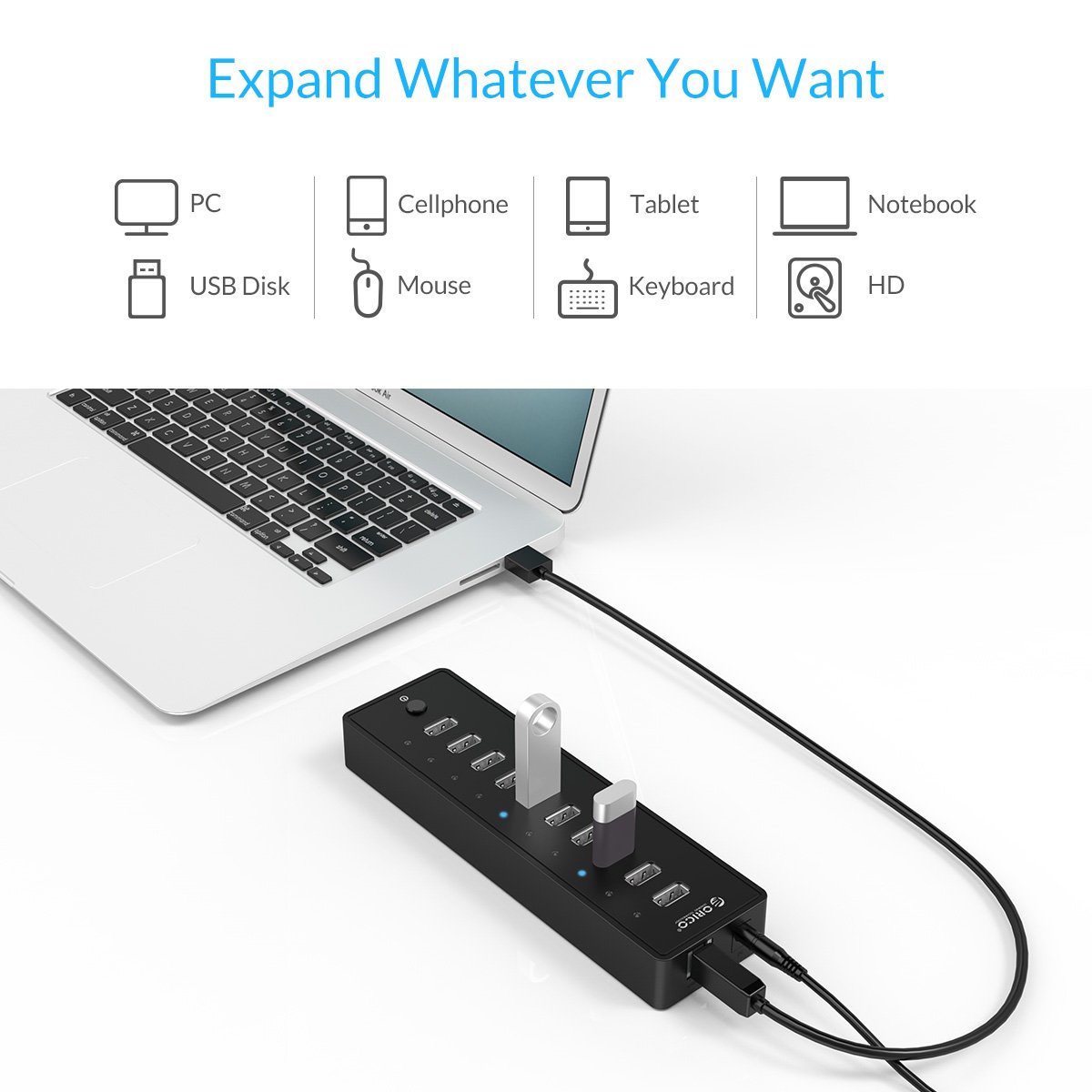 ORICO Koncentrator USB 2.0 z 10 portami i zasilaczem sieciowym 30 W, przyłącze zasilania do komputerów stacjonarnych, notebooków, MacBook iMac