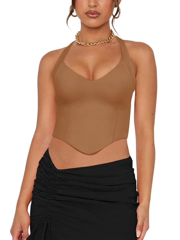REORIA Double Lined Sexy Halter Tops for Women V Neck
