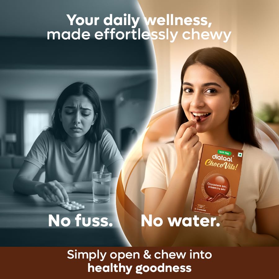 Image of Diataal ChocoVits Veg, Chewable Multivitamin | 30 Chocolaty Tabs with 11 Essential Vitamins | Power of B-complex vitamins, B12, D3, Nicotinamide, Vitamin A, C & E for Energy | Immunity | Healthy Skin.