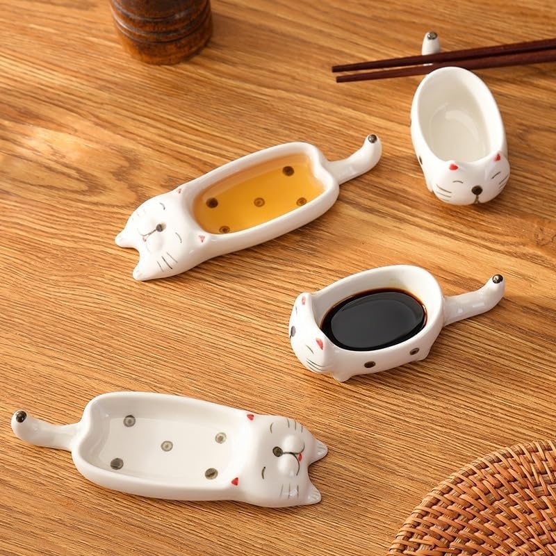 Ceramic Cat Shaped Sauce Dish and Chopstick Holder Set, White, 2 Piece Set, Soy Sauce Plate, Creative Household Seasoning Dish