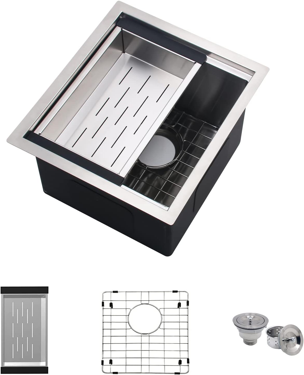 bathivyKitchen Sink Undermount, 15 x 17 x 10 Inch Workstation Sink, Handmade Stainless Steel Sink Set Single Bowl Kitchen Sink Ledge Sink with All Accessories