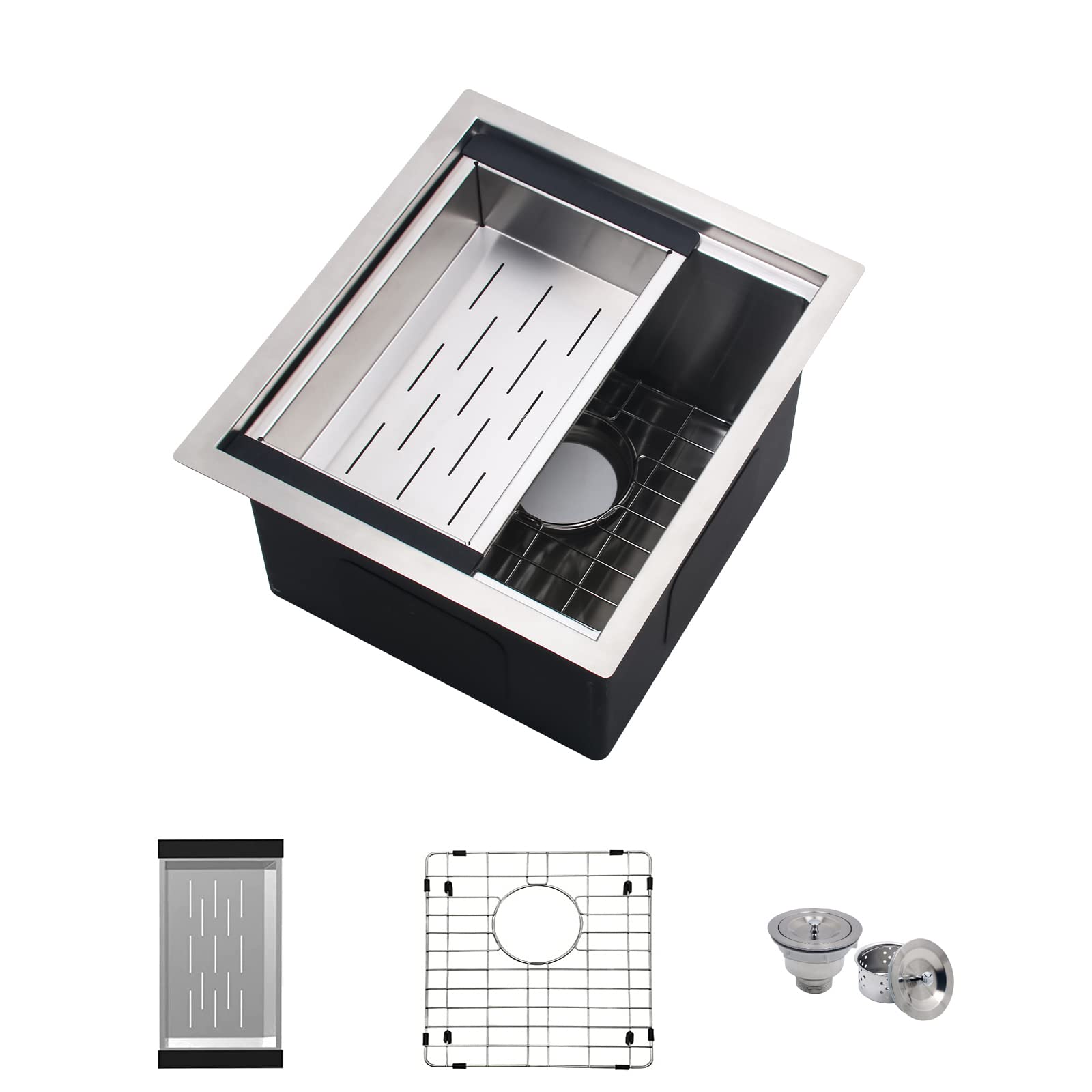 bathivyKitchen Sink Undermount, 15 x 17 x 10 Inch Workstation Sink, Handmade Stainless Steel Sink Set Single Bowl Kitchen Sink Ledge Sink with All Accessories