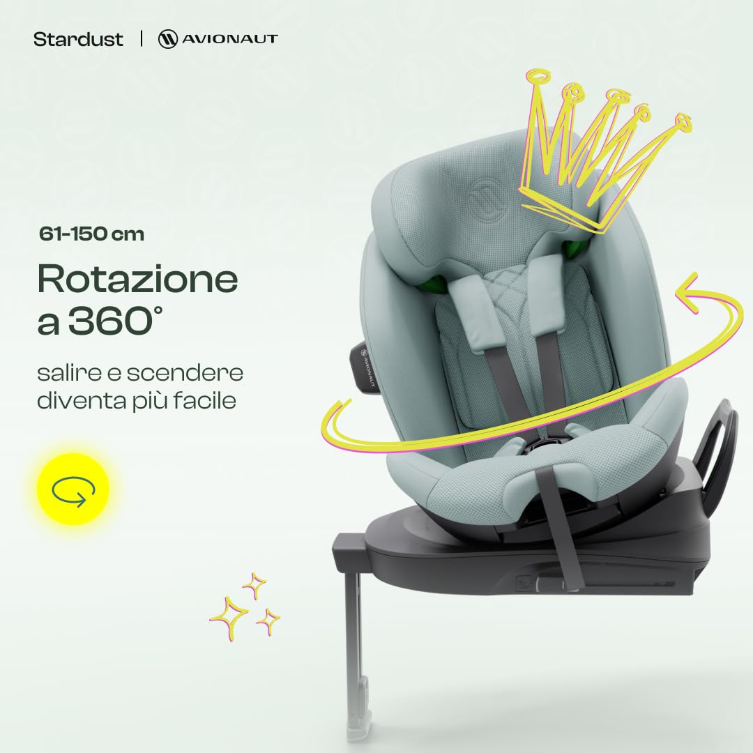 Seggiolino Auto Avionaut Stardust 360° Reboarder i-Size (61–150 cm) | RWF fino a 125 cm/21 kg, girevole e reclinabile, traspirante – dalla nascita fino a 12 anni (Grey)