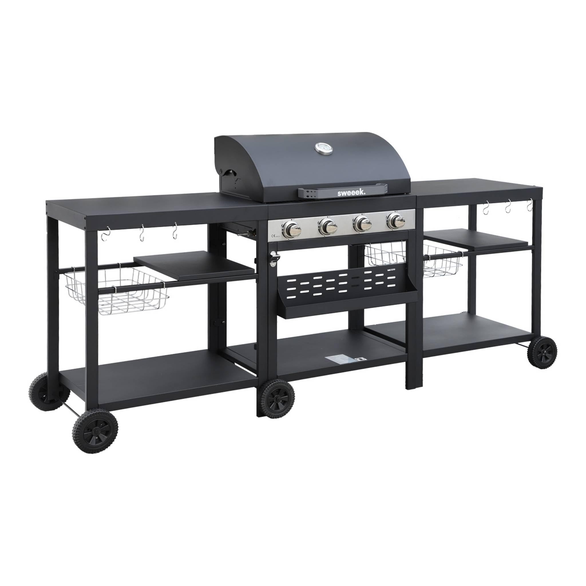 sweeek - Barbecue 4 brûleurs. cuisine d'extérieure DANGLARS. Acier noir. L 223.5 x P 60.5 x H 142 cm