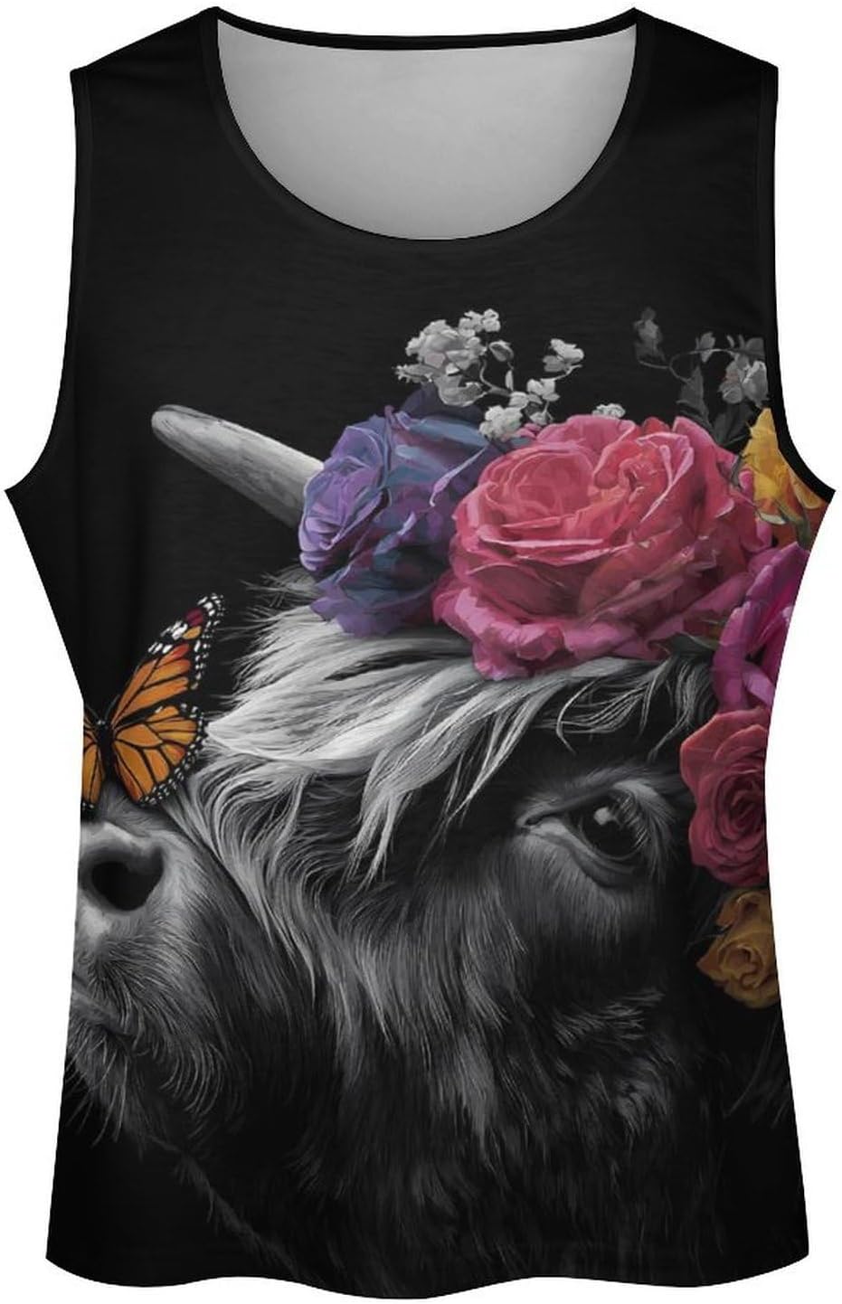 Highland Cow Rose Flower Men's Tank Tops Sleeveless Muscle T-Shirt | Print,Muscle Shirt,for Athletic Running Gym,Workout Shirts,Tee Shirts