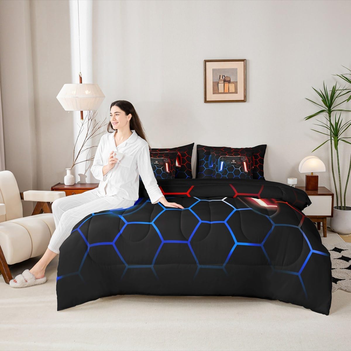 Erosebridal 7 Pieces Twin Gamer Comforter Set for Boys Gaming Bedding Set for Kids Girls Teens, Video Game Bed in a Bag with Comforters, Sheets, Pillowcases & Shams, Red Blue Gamepad Bedroom Decor