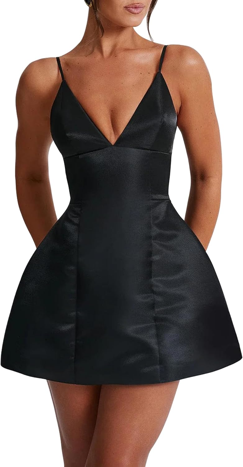 LuFeng Women's Sexy Sleeveless Spaghetti Strap Deep V Neck Backless Flowy Drape Cocktail Mini Dress - Image 3