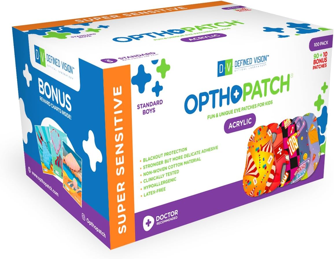 Opthopatch Kids Eye Patches with Extra Hypoallergenic Acrylic Adhesive, 100 Breathable Patches for Amblyopia & Lazy Eye, Fun Boy-Friendly Designs, 3 Rewards Chart Included by Defined Vision