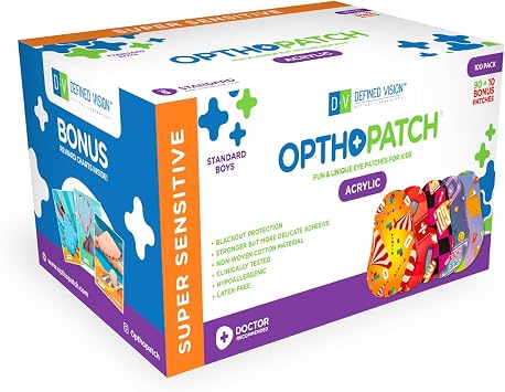 Opthopatch Kids Eye Patches with Extra Hypoallergenic Acrylic Adhesive, 100 Breathable Patches for Amblyopia & Lazy Eye, Fun Boy-Friendly Designs, 3 Rewards Chart Included by Defined Vision