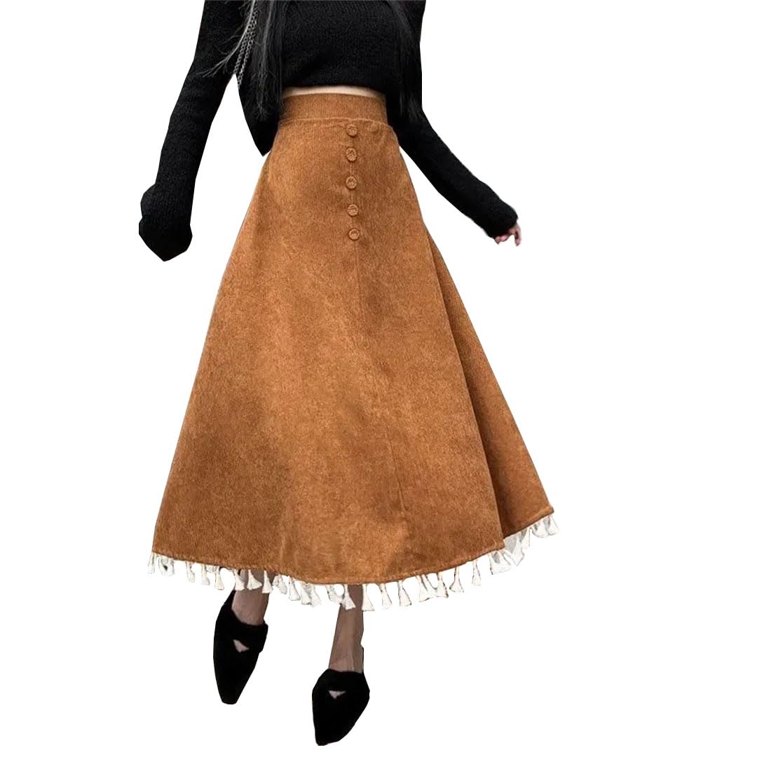Donne Inverno Solido Allentato Nappa Pulsante Velluto A Vita Alta A-Line Retro Gonne al Ginocchio