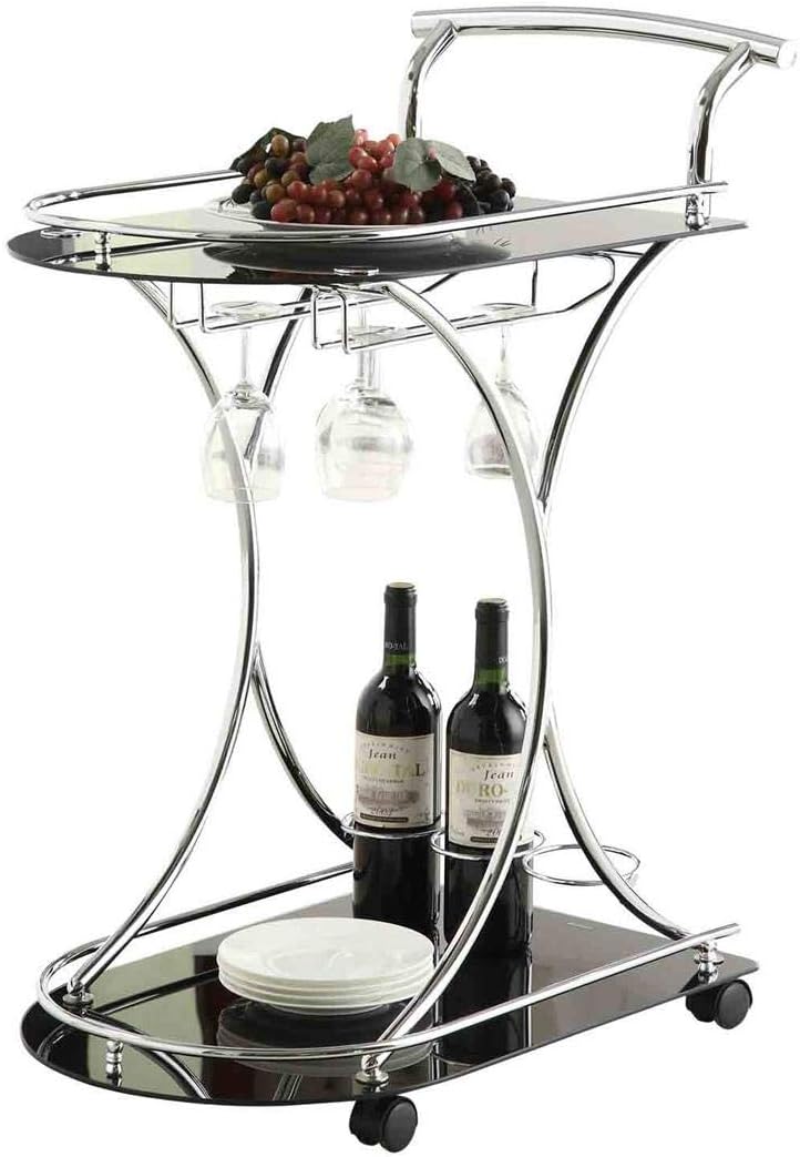 Coaster Home Furnishings Coaster II-CO Serving Cart with 2 Glass Shelves, Chrome and Black, "26.5"d x 15.75"w x 33.75"h" (910001)