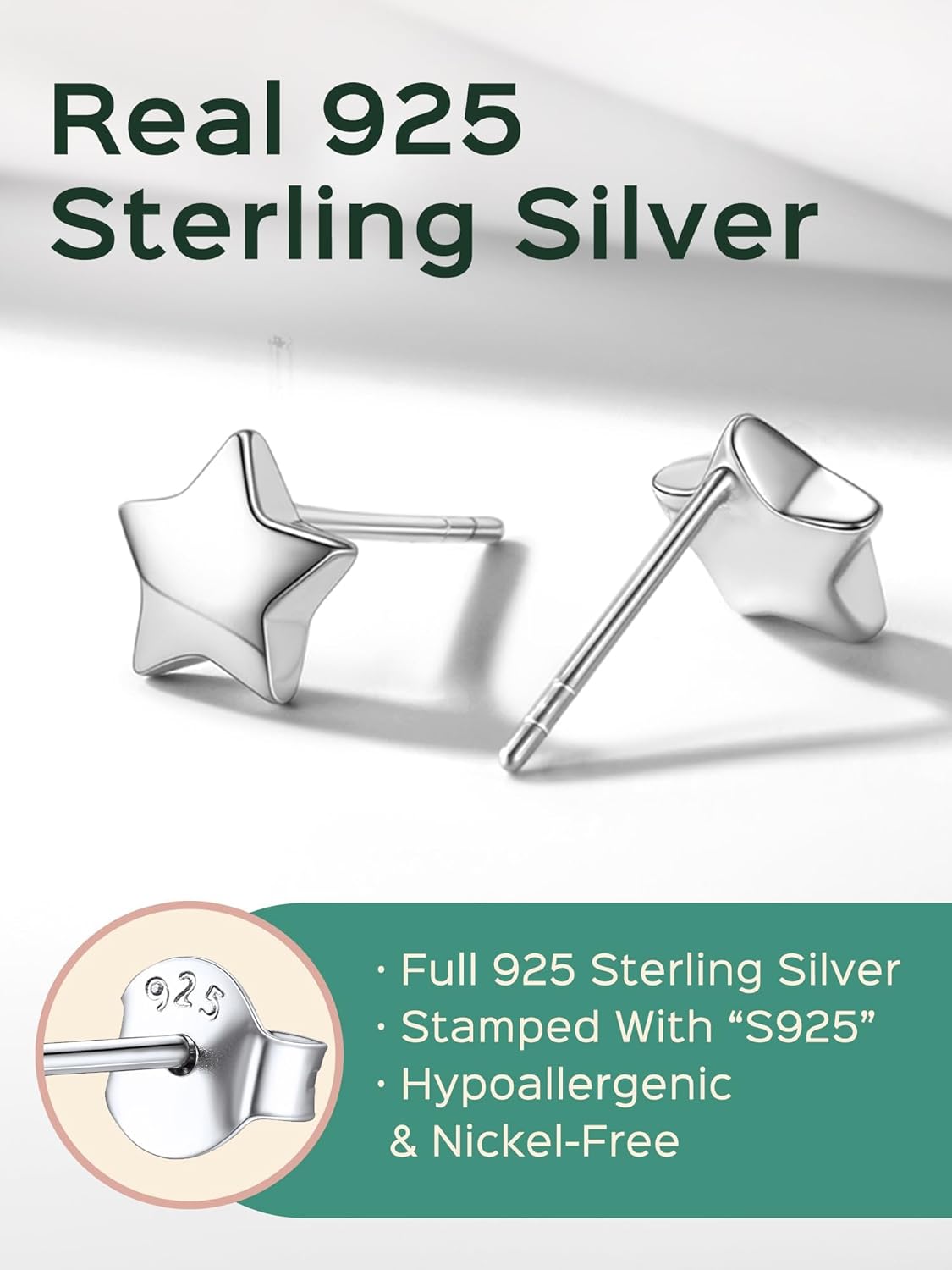 ChicSilver 925 Sterling Silver Stud Earrings Hypoallergenic, Dainty Simple Heart/Star/Moon/Lightning/Butterfly Earrings for Women with Gift Box