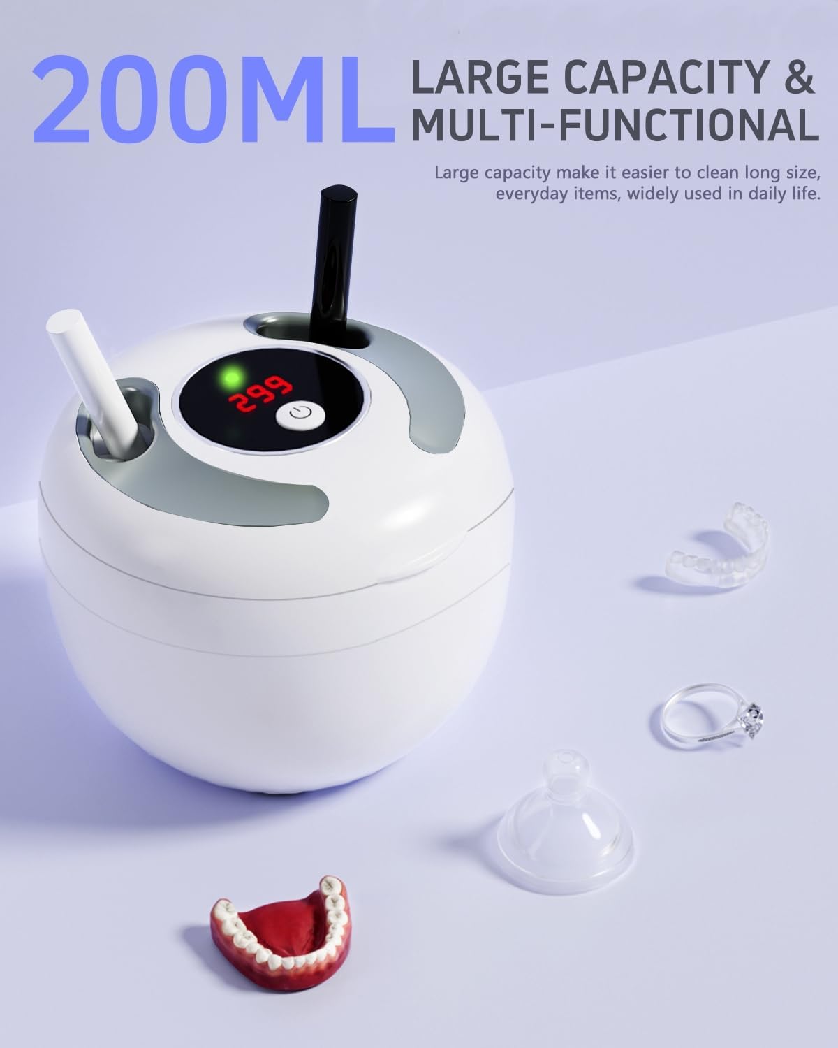 Ultraschallreinigungsgerät 45000Hz mit UV-Zahnprothesenreiniger, 4 Modi Digitaltimer, tragbarer 200 ml Ultraschall-Reinigungspod für Nachtschienen, Aligner, Zahnspangen, Zahnbürsten, Schmuck und mehr