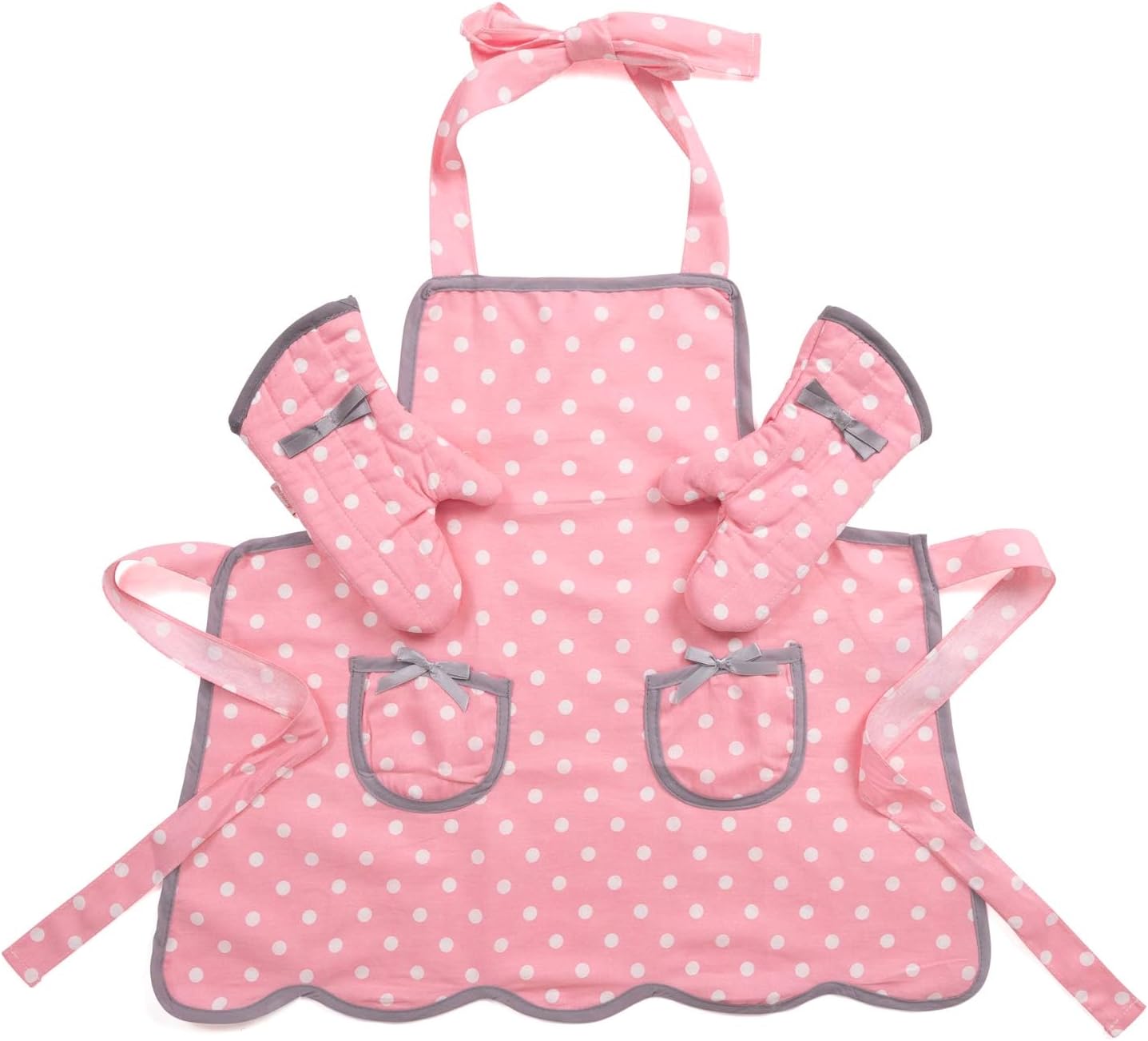 NEOVIVA Kids Apron and Kids Oven Mitts Set for Play Kitchen, Cute Polka Dots Toddler Kitchen Linen Set for Christmas Gift
