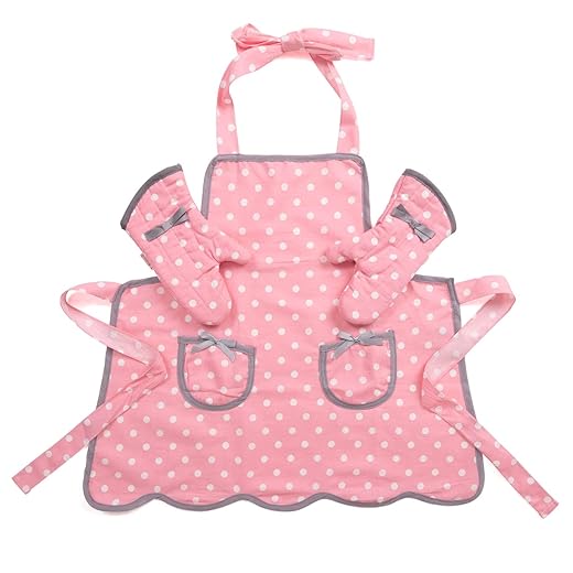 NEOVIVA Kids Apron and Kids Oven Mitts Set for Play Kitchen, Cute Polka Dots Toddler Kitchen Linen Set for Christmas Gift