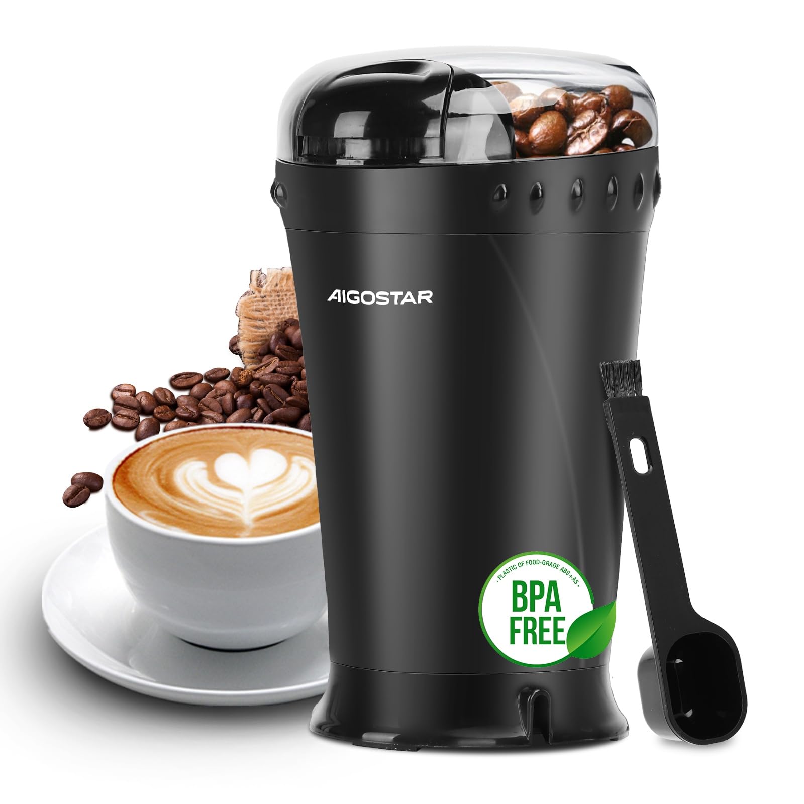 Aigostar Elektrische Koffiemolen, Koffiemolen met Roestvrijstalen Mesjes, Capaciteit 60gr met Schoonmaakborstel, Transparante Deksel, BPA-vrij, Wit