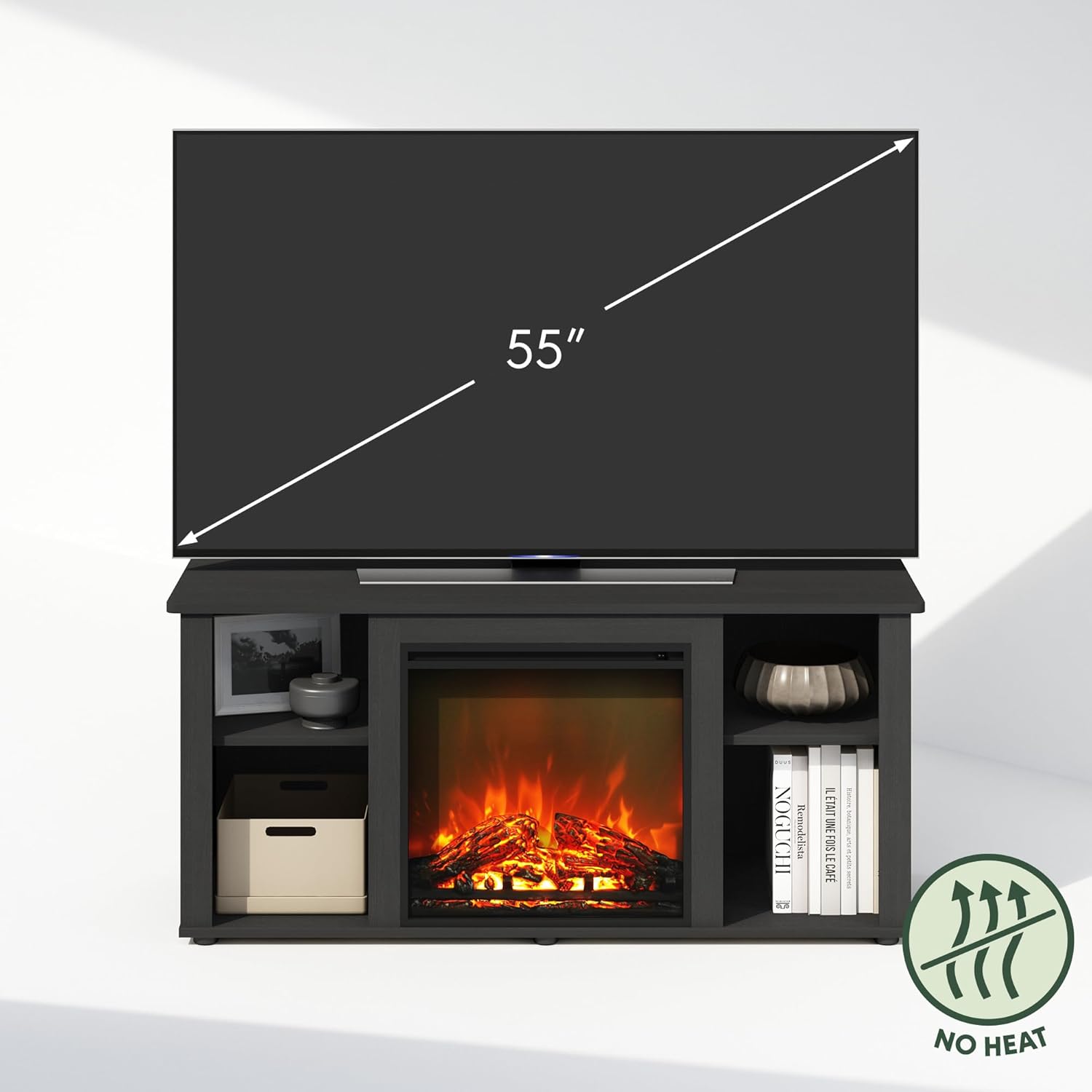 Furinno Jensen Fireplace TV Stand, NO Heat Decorative Electric Fireplace TV Stand for TV up to 55 Inch, with Open Storage, for Living Room, Americano