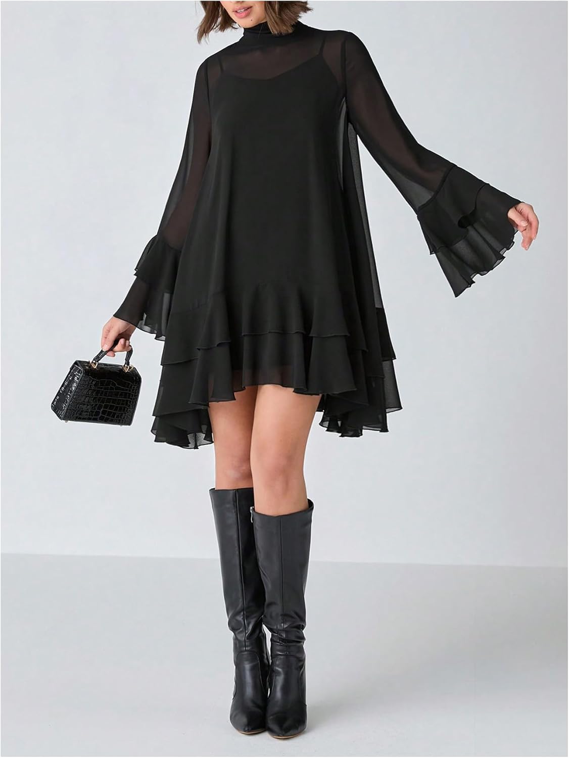 WDIRARA Women's Layered Ruffle 2 Piece Outfits Long Flounce Sleeve Chiffon Flowy Dress and Cami Set