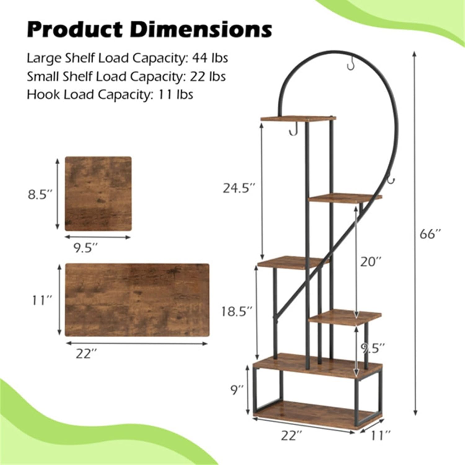Heart-Shaped 6-Tier Metal Plant Stand Set with Hanging Hooks, Anti-Toppling Display Rack, Multi-Purpose Shelf for Home Office Balcony