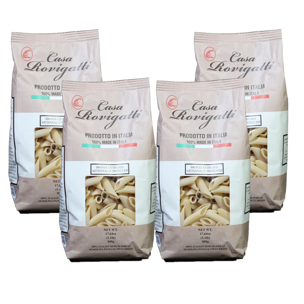 Casa Rovigatti Premium Italian Penne Pasta, Bronze, 100% Durum Wheat Semolina, Artisanal, 17.64 oz, 4 Pack