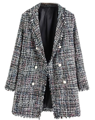 ebossy Women's Double Breasted Pearl Button Tweedy Fringed Jacket Colorful Mid Long Coat with Tassels