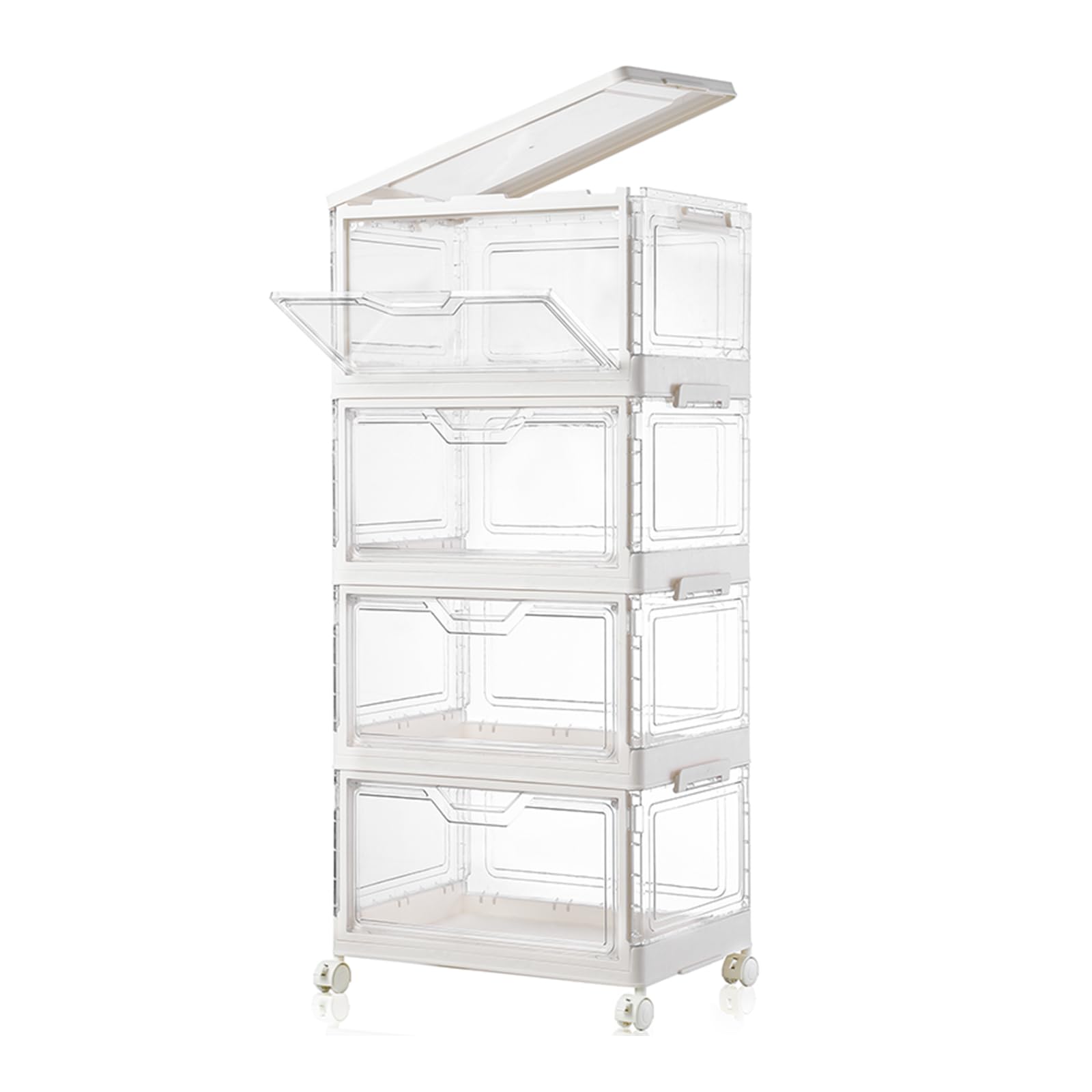 Caja de Almacenamiento 23L, 4 Unidades, Transparentes con Tapa | Apilables, Plegable, Con Puerta, Con Ruedas
