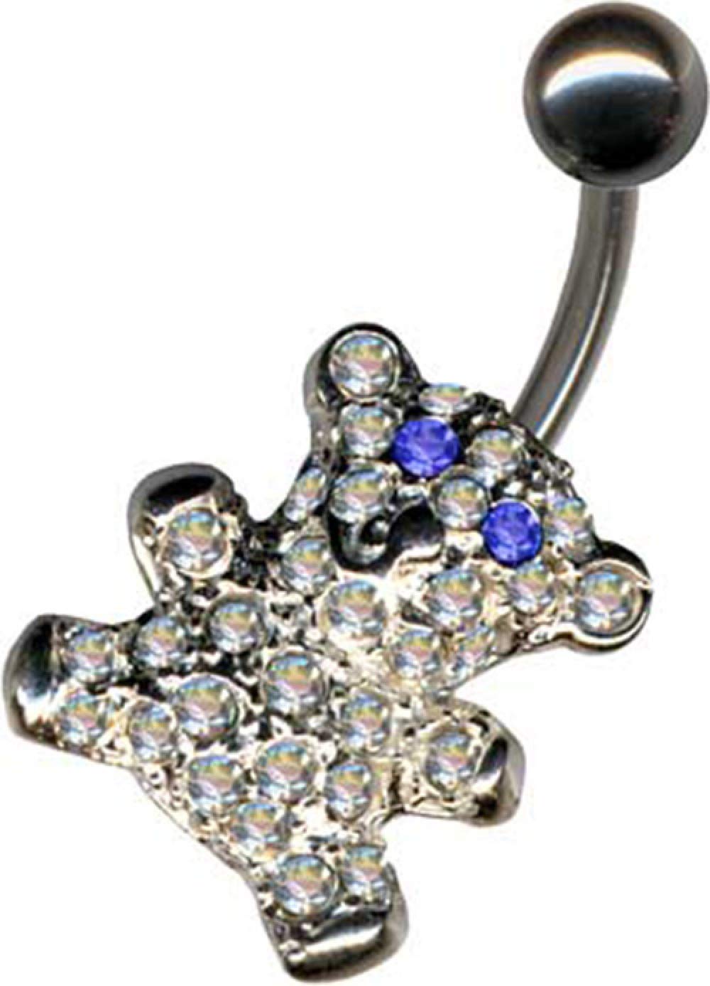Piercing para el ombligo, plata de ley 925 y circonita, cristal quirúrgico 316L, acero inoxidable tipo bananabell, piercing para el ombligo, 1,6 x 10 mm, oso de peluche azul