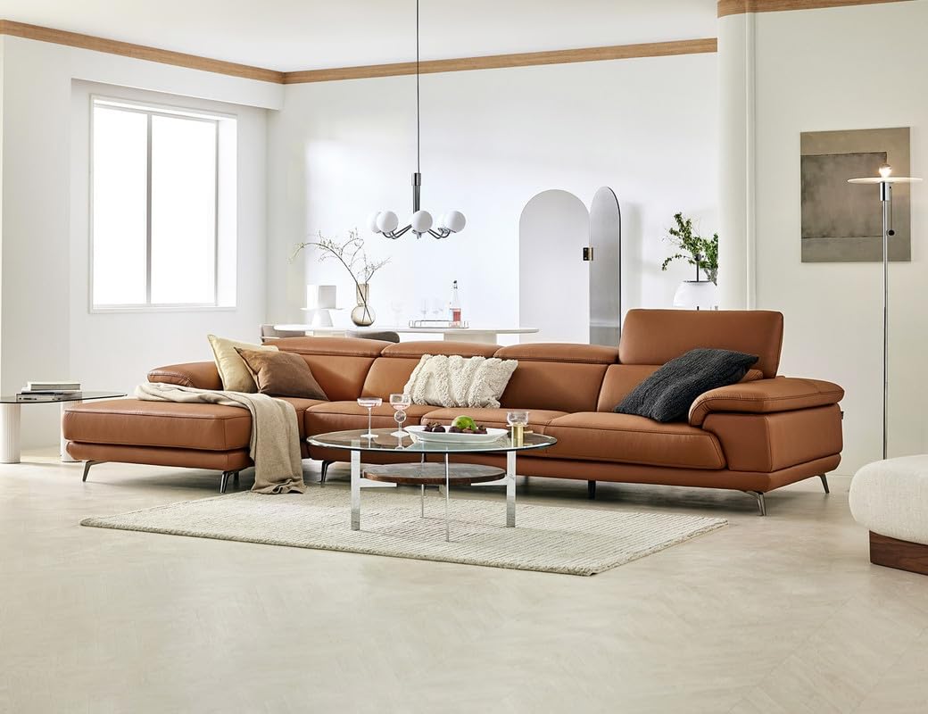 Fabrique Dream Lshape Leatherette 5 Seater Brown Sofa Set | Moveable Headrest | Luxury & Comfortable Furniture Perfect for Home Guests Office & Living Room | Stainless Steel Legs (RHS)