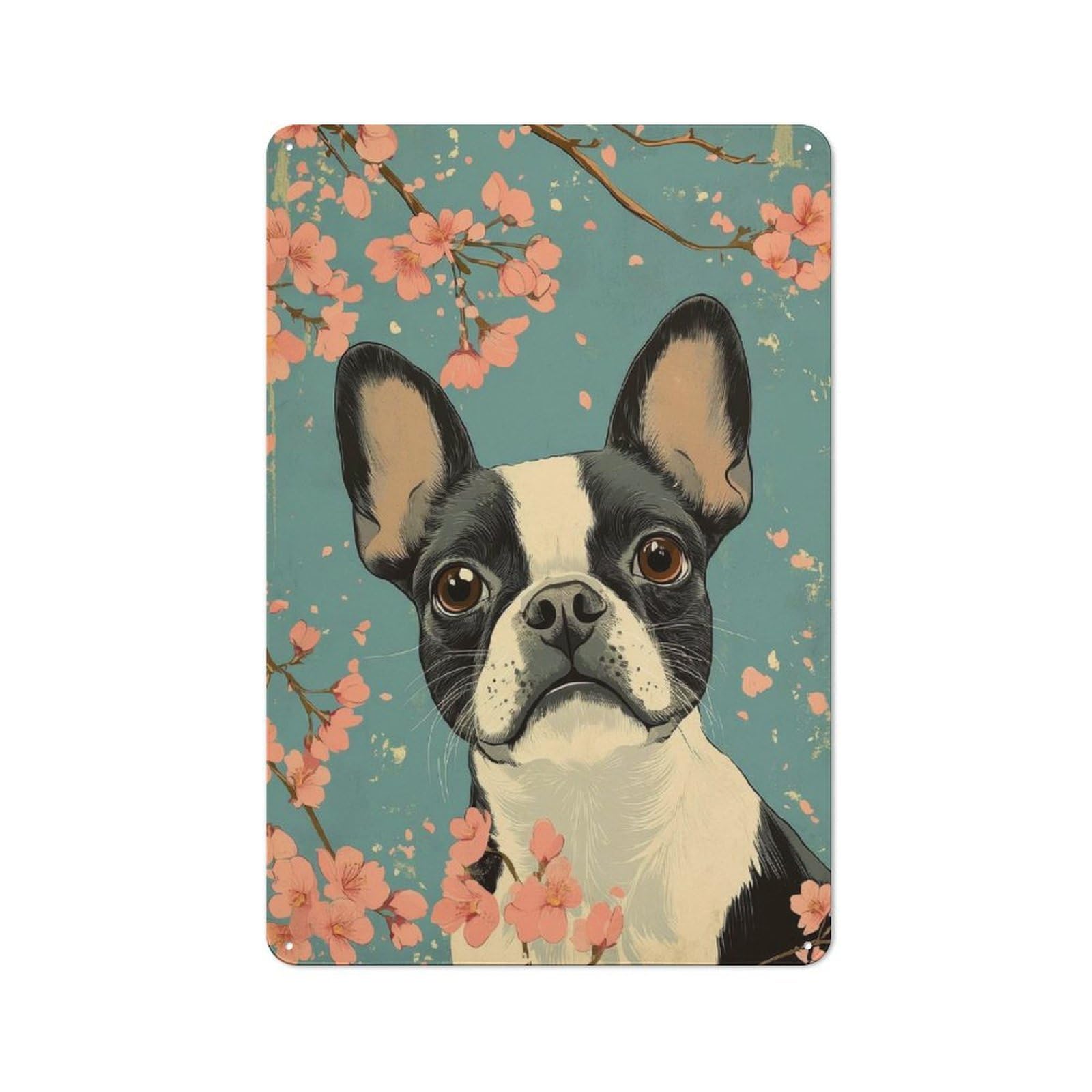 Rustic Boston Terrier with Cherry Blossoms Art Boston Terrier Art Decorative Tin Sign 30x20cm, Cottage Wall Art for Cottage, Kitchen, Hallway Or Breakfast Nook