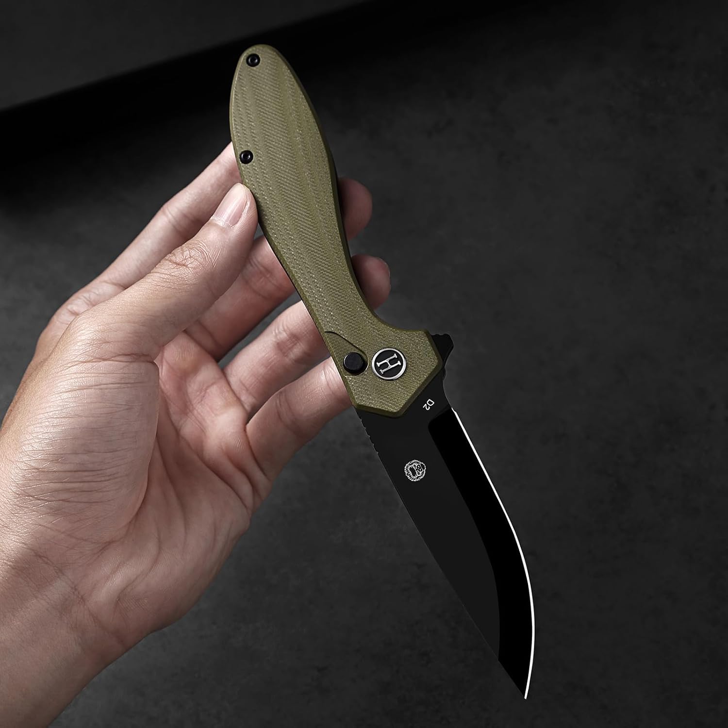 Holtzman's Gorilla Survival Folding Pocket Knife for Men – D2 Steel Blade, G10 Handle – EDC Folding Knife Gift Set with Case & Sharpening Stone (black blade+OD green G10 handle)