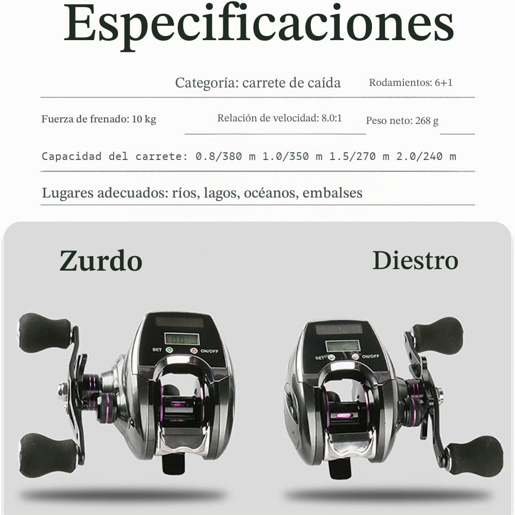Carrete de pesca eléctrico con pantalla digital, rueda profesional de caída de agua para pesca en agua dulce y salada, sistema de frenado magnético