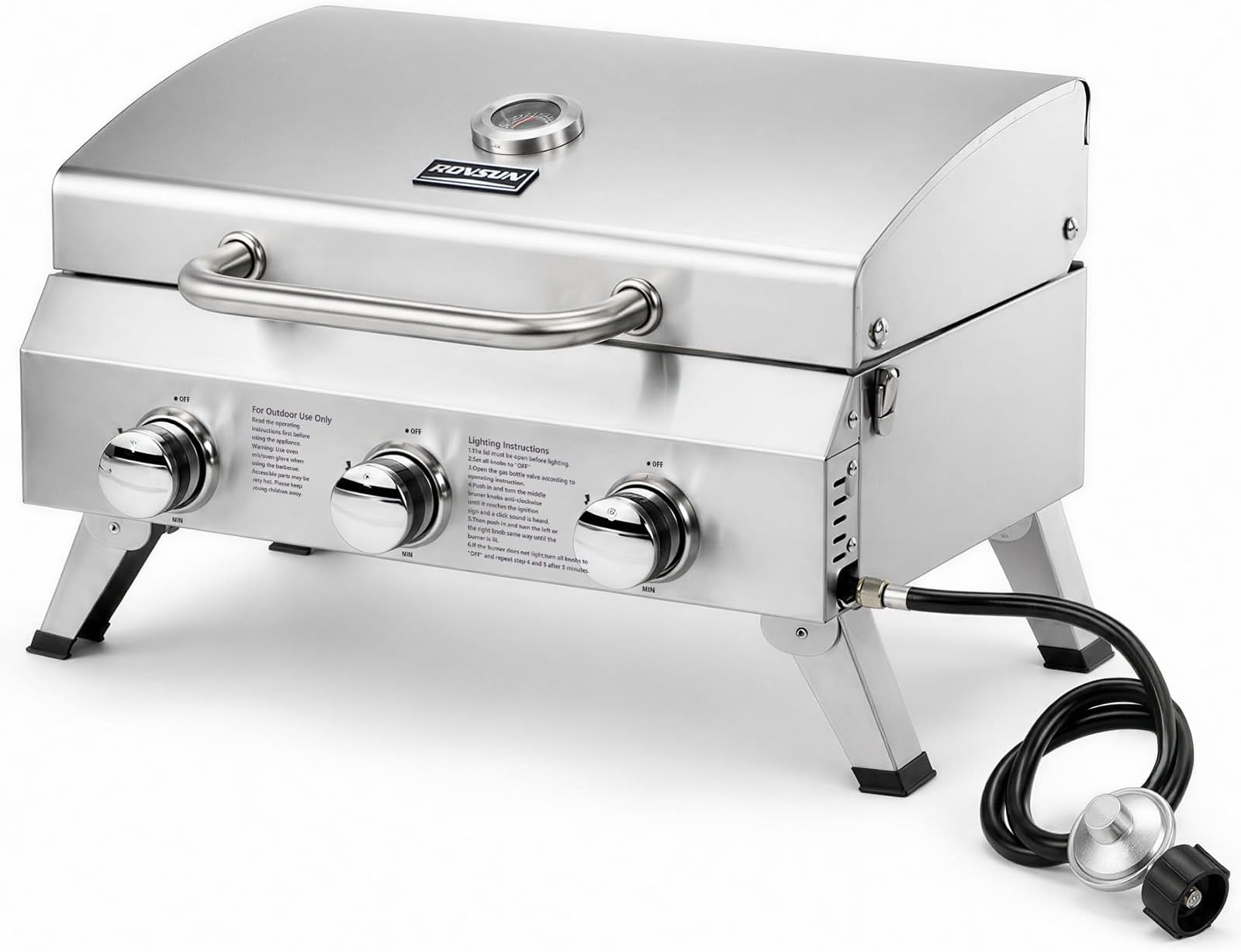 ROVSUN 30000 BTU Stainless Steel Propane Gas Grill with Ignition, 3 Burner Portable Tabletop Grill with Folding Legs & Lockable Lid for Outdoor Patio Garden BBQ Picnic RV Tailgating Camping Cooking