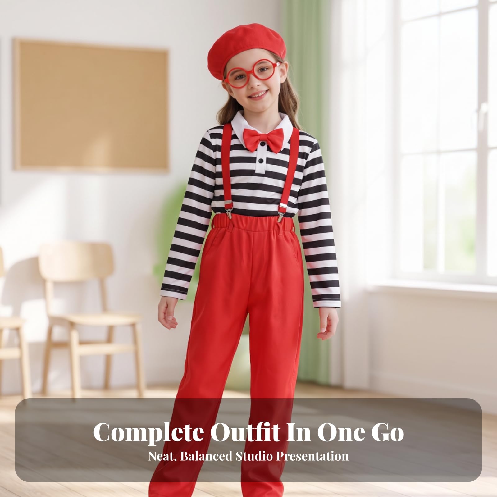 Costume Professionale da Clown per Bambini con Completo Elegante Giacca a Righe Bianche Bottom Rosso con Bretelle Papillon E Forma