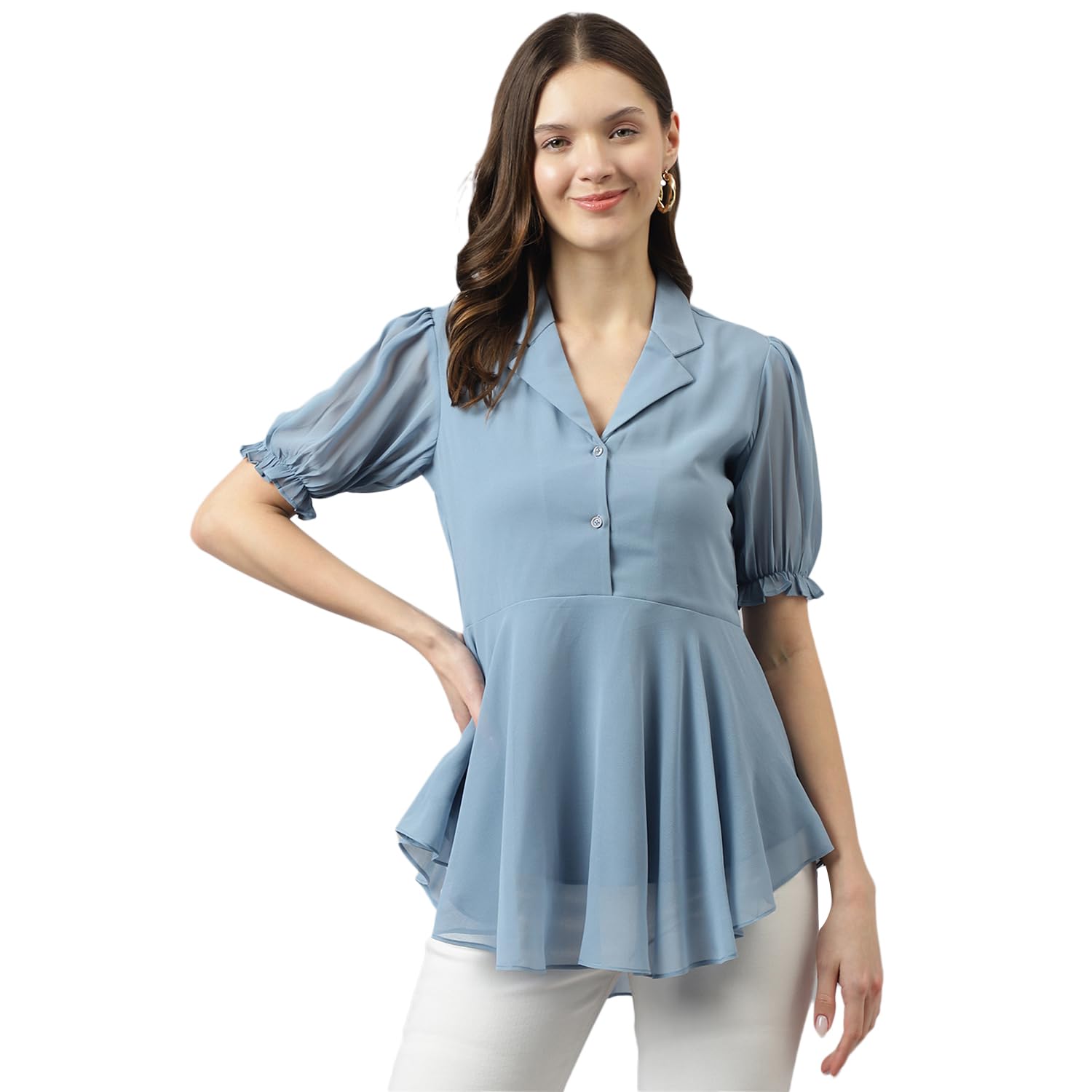 Toochki Women's Light Blue Georgette Solid Flared Western Top | Winter Top | Western Top | Top For Women | Latest Women Top | Trendy Women Top